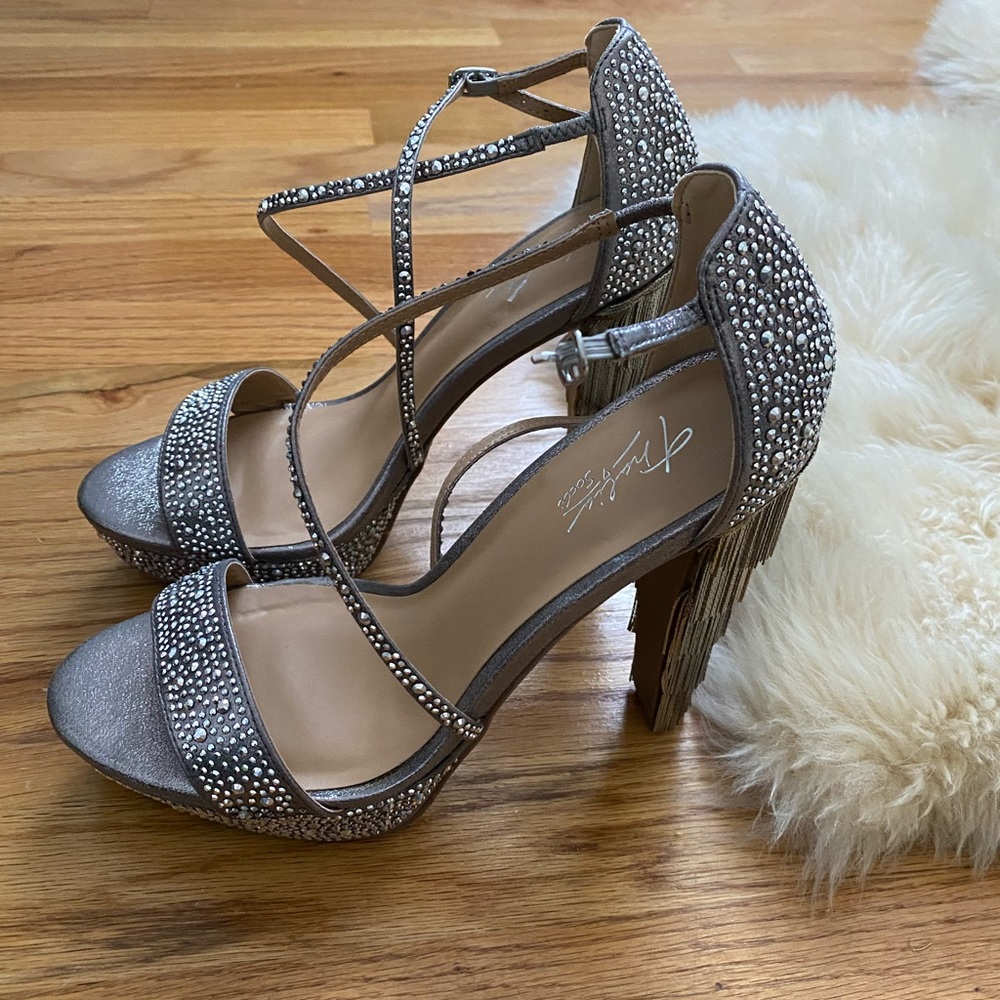 Silver embellished heels with fringe